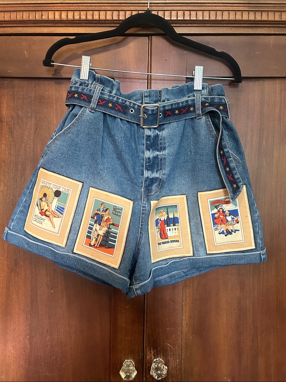 Custom Upcycled Y2K Denim Belted Shorts with Postcard Appliqué Art